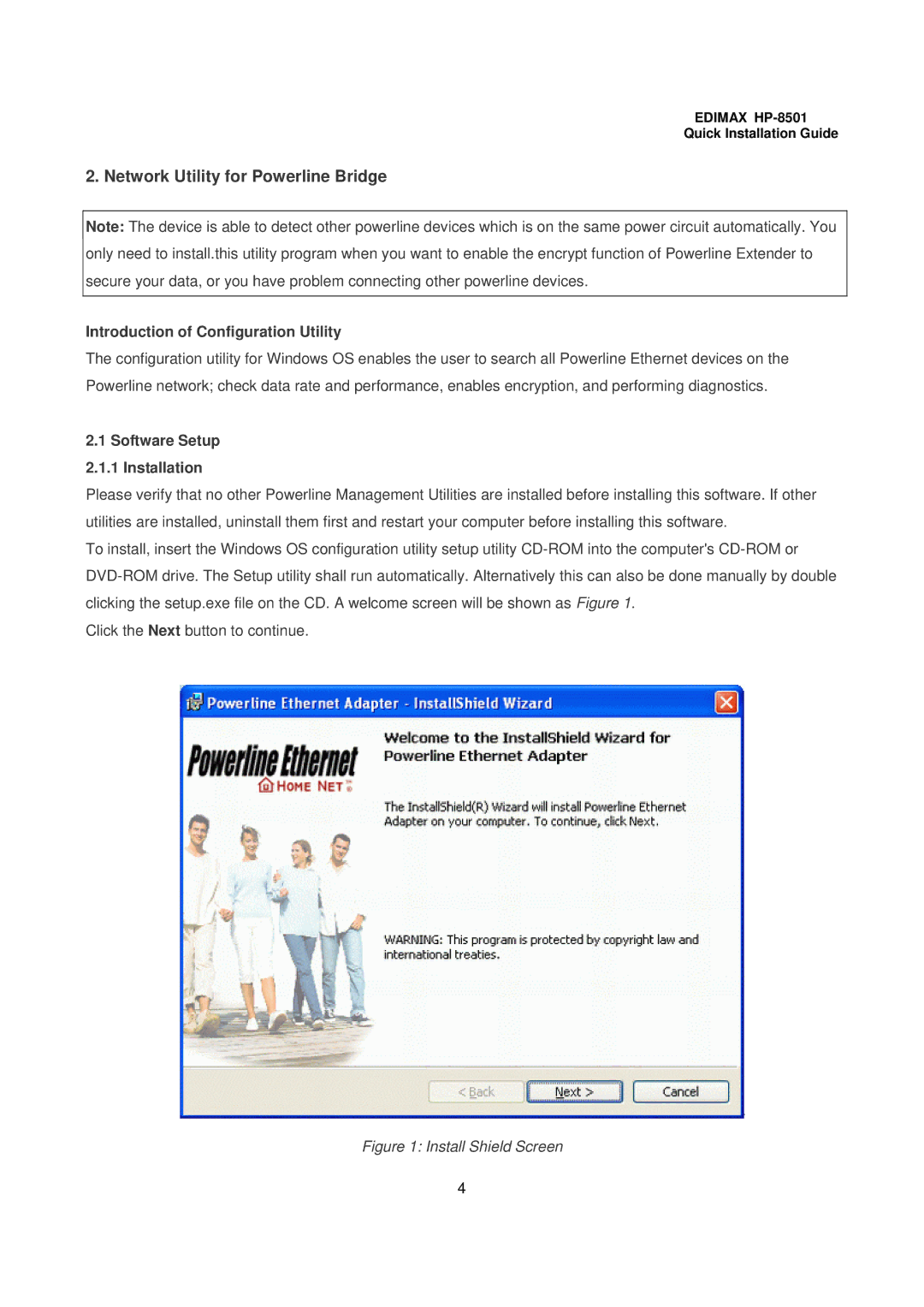 Edimax Technology HP-8501 user manual Introduction of Configuration Utility, Software Setup 2.1.1 Installation 