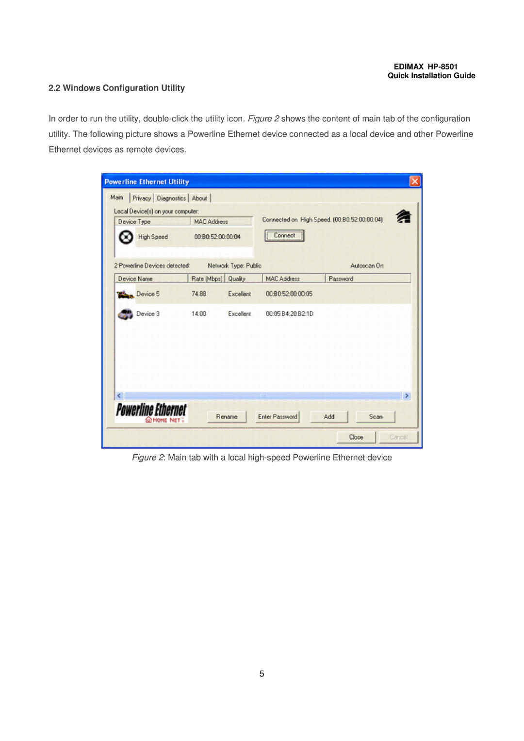 Edimax Technology HP-8501 Windows Configuration Utility, Main tab with a local high-speed Powerline Ethernet device 