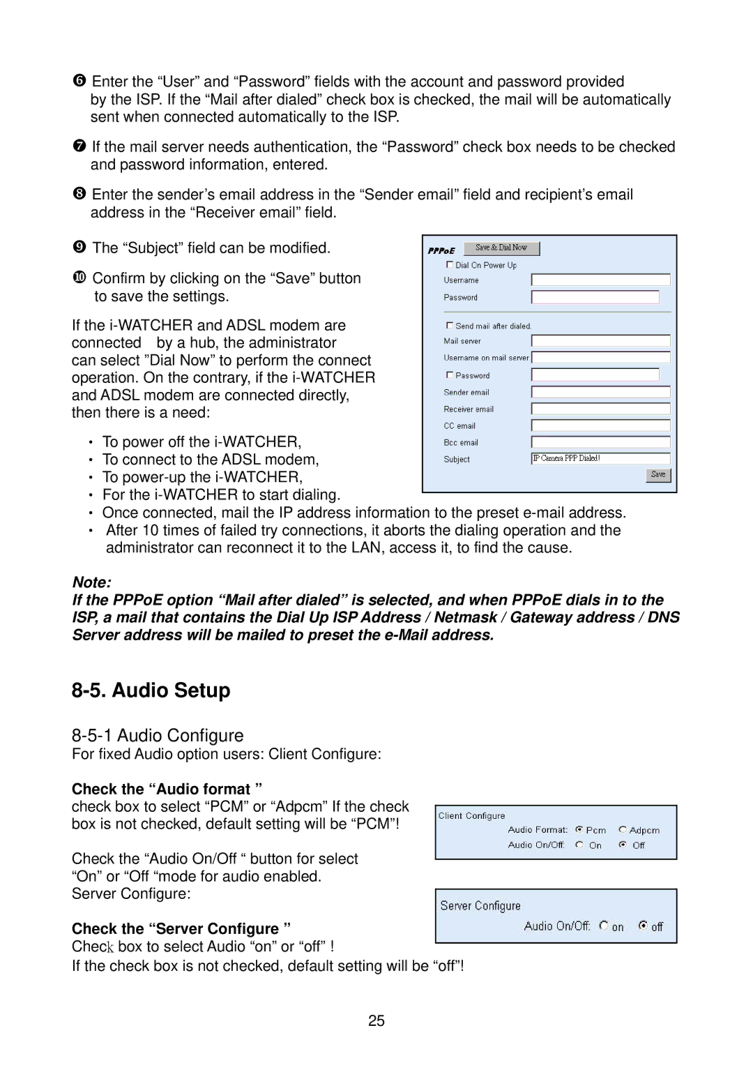 Edimax Technology i-Watcher Pan/Tilt Internet IP Camera Audio Setup, Check the Audio format, Check the Server Configure 