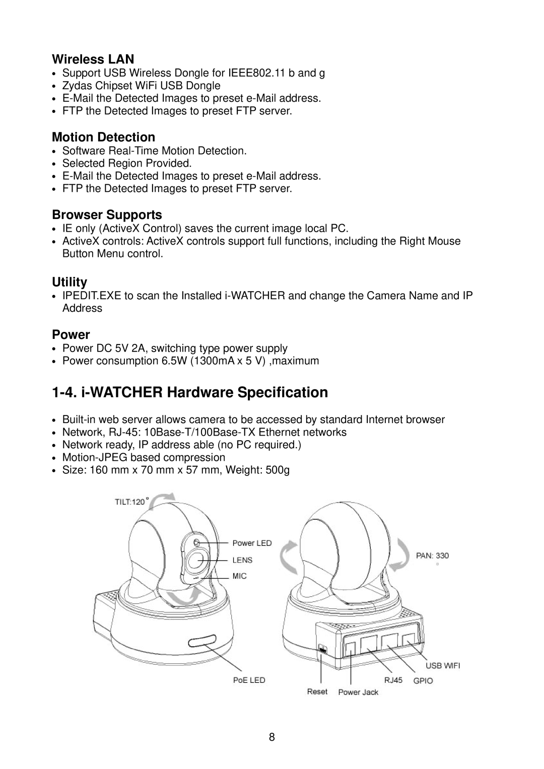 Edimax Technology i-Watcher Pan/Tilt Internet IP Camera user manual Watcher Hardware Specification, Wireless LAN 