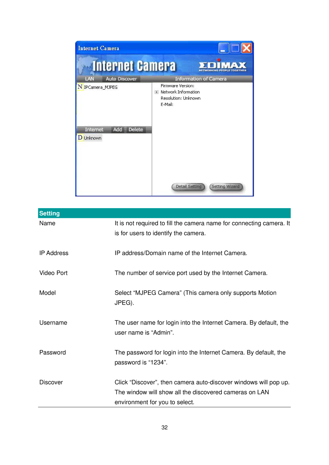 Edimax Technology IC-1000 user manual Setting, Jpeg 