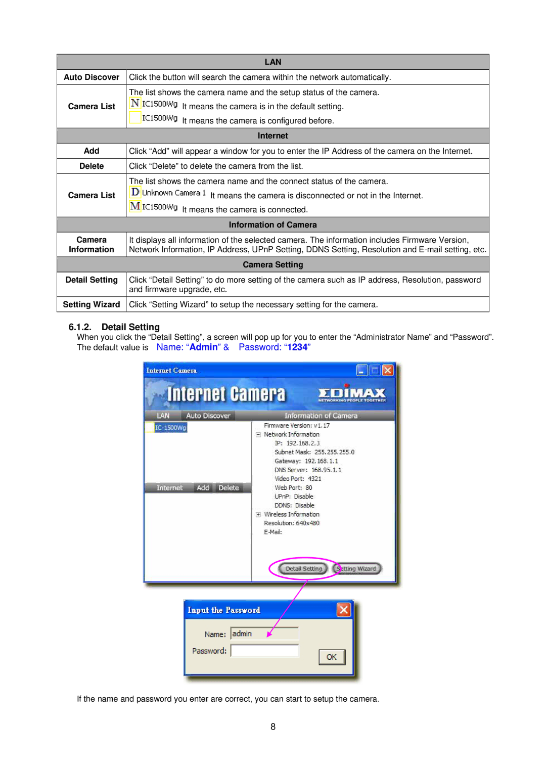 Edimax Technology IC-1500 manual Detail Setting 