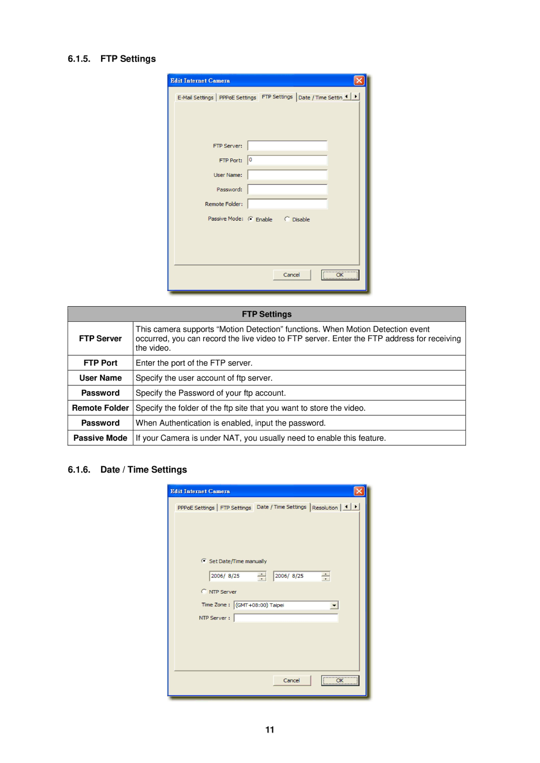 Edimax Technology IC-1500 manual FTP Settings, Date / Time Settings 