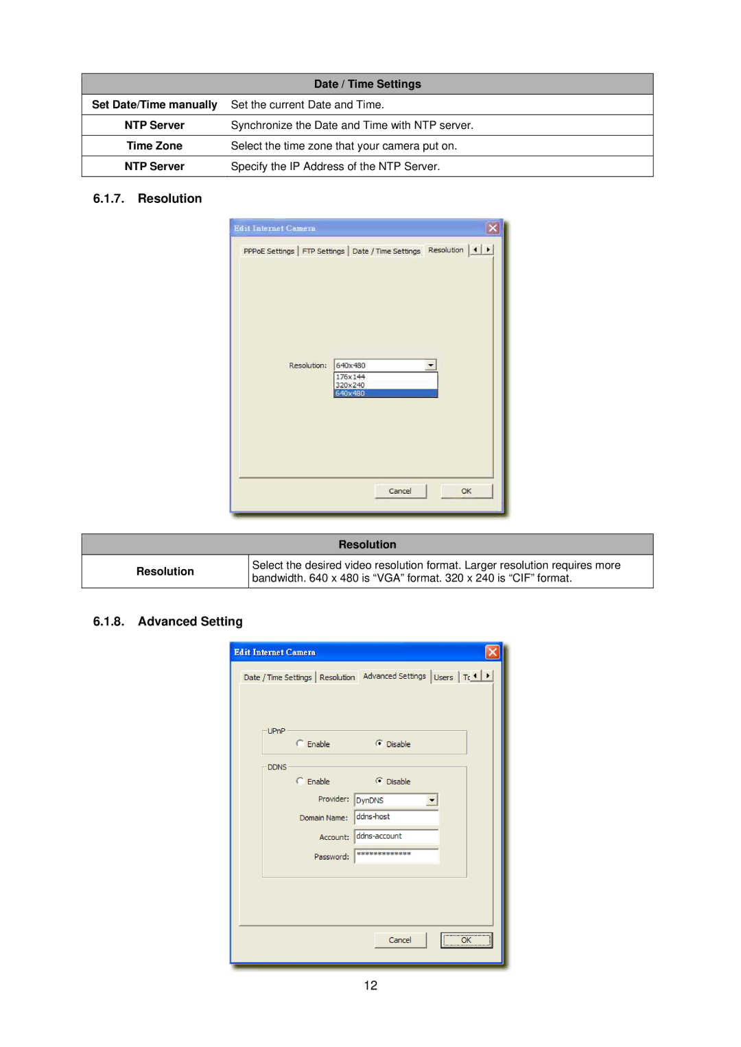 Edimax Technology IC-1500 manual Resolution, Advanced Setting, Date / Time Settings 