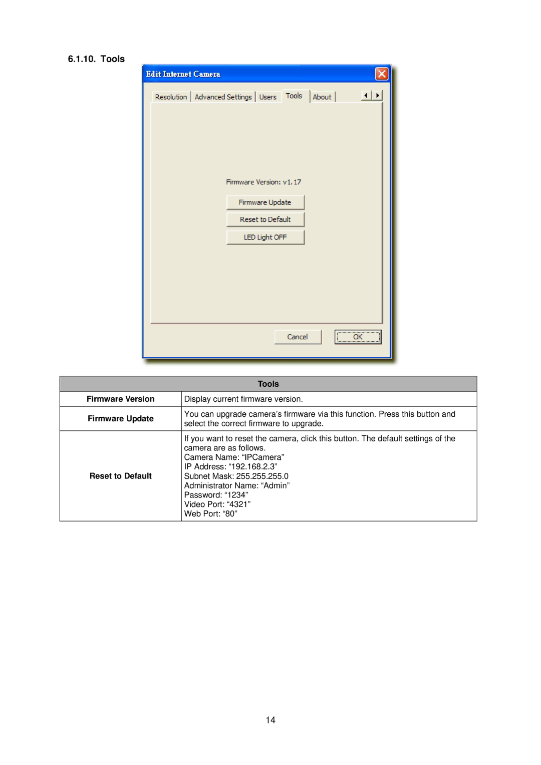 Edimax Technology IC-1500 manual Tools, Firmware Update, Reset to Default 