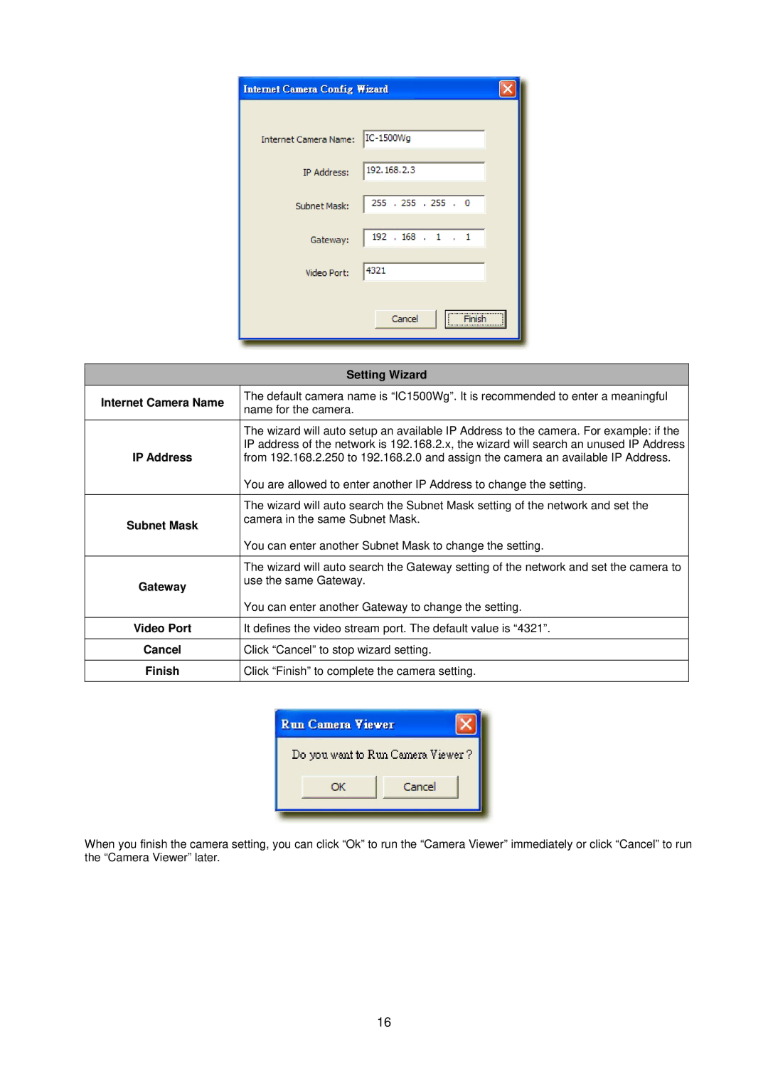 Edimax Technology IC-1500 manual Setting Wizard Internet Camera Name, Cancel, Finish 