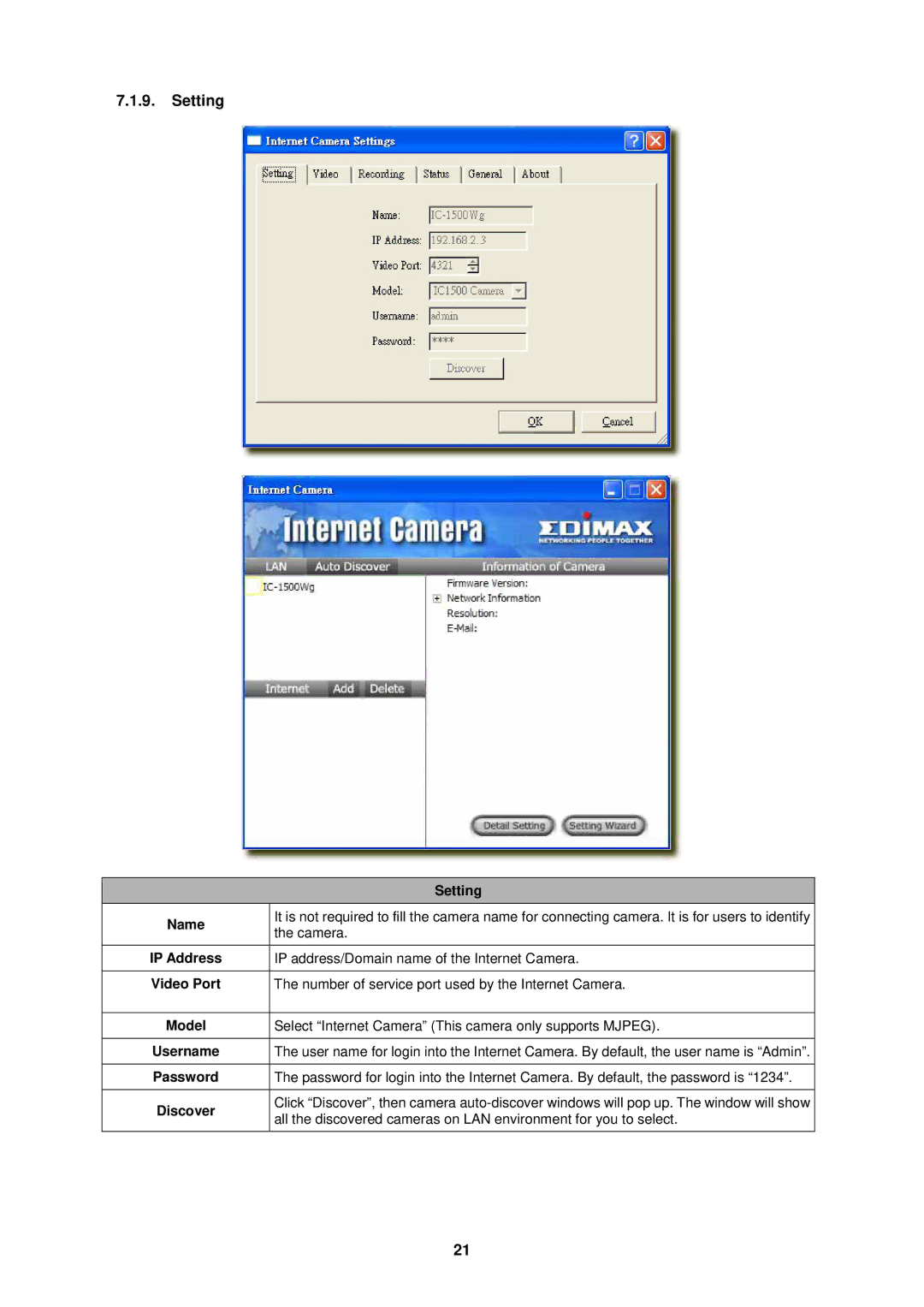 Edimax Technology IC-1500 manual Setting, Name, Discover 