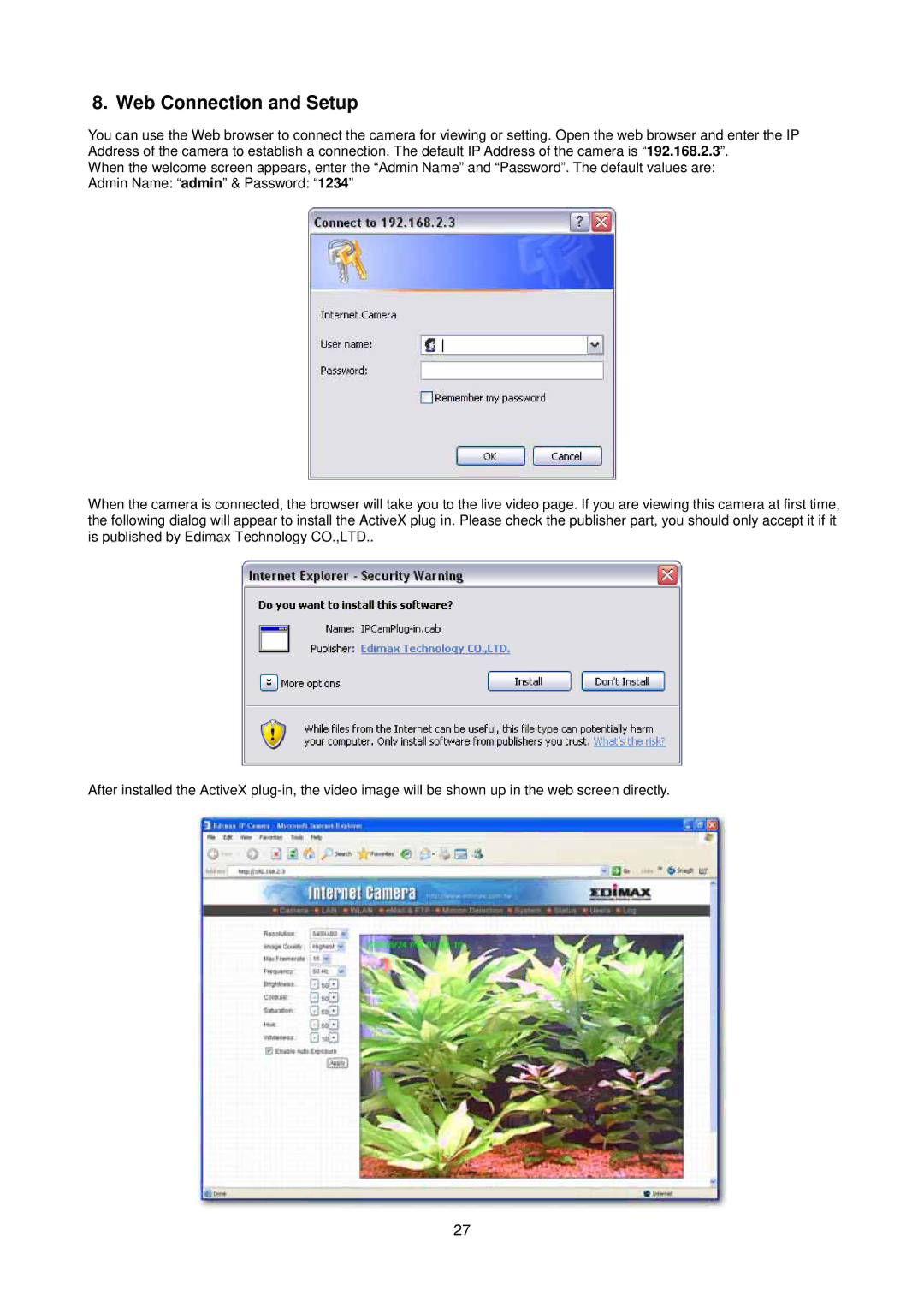 Edimax Technology IC-1500 manual Web Connection and Setup 