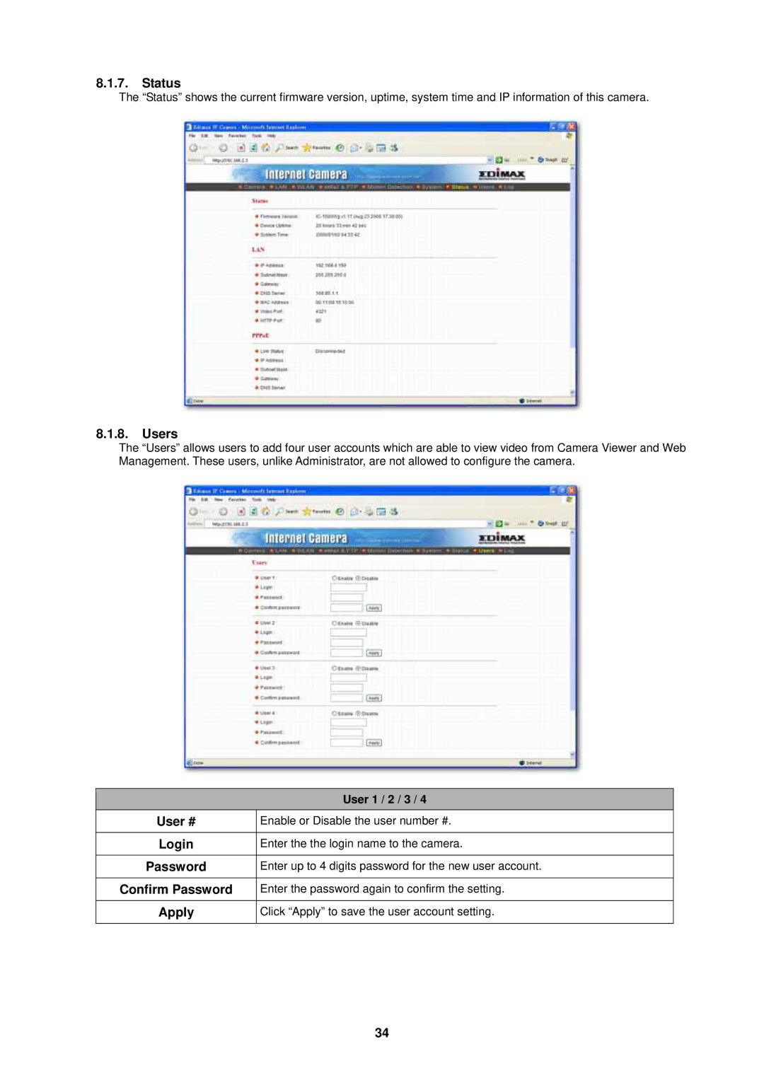 Edimax Technology IC-1500 manual User #, Login, User 1 / 2 / 3 