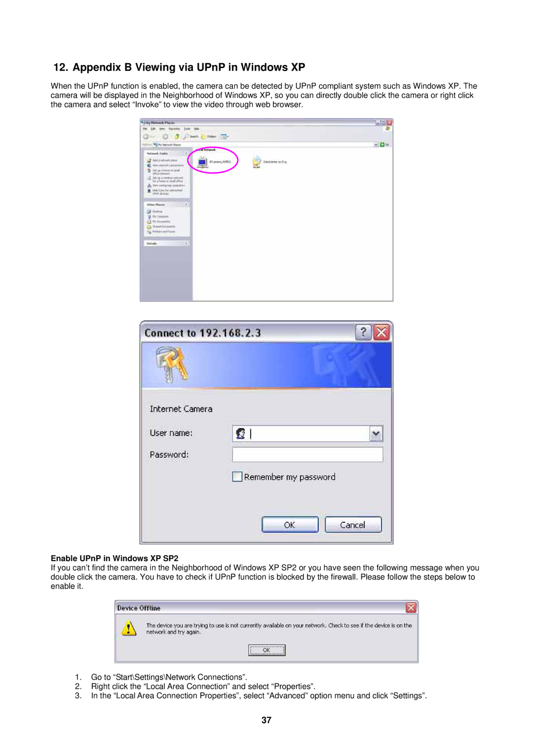 Edimax Technology IC-1500 manual Appendix B Viewing via UPnP in Windows XP, Enable UPnP in Windows XP SP2 