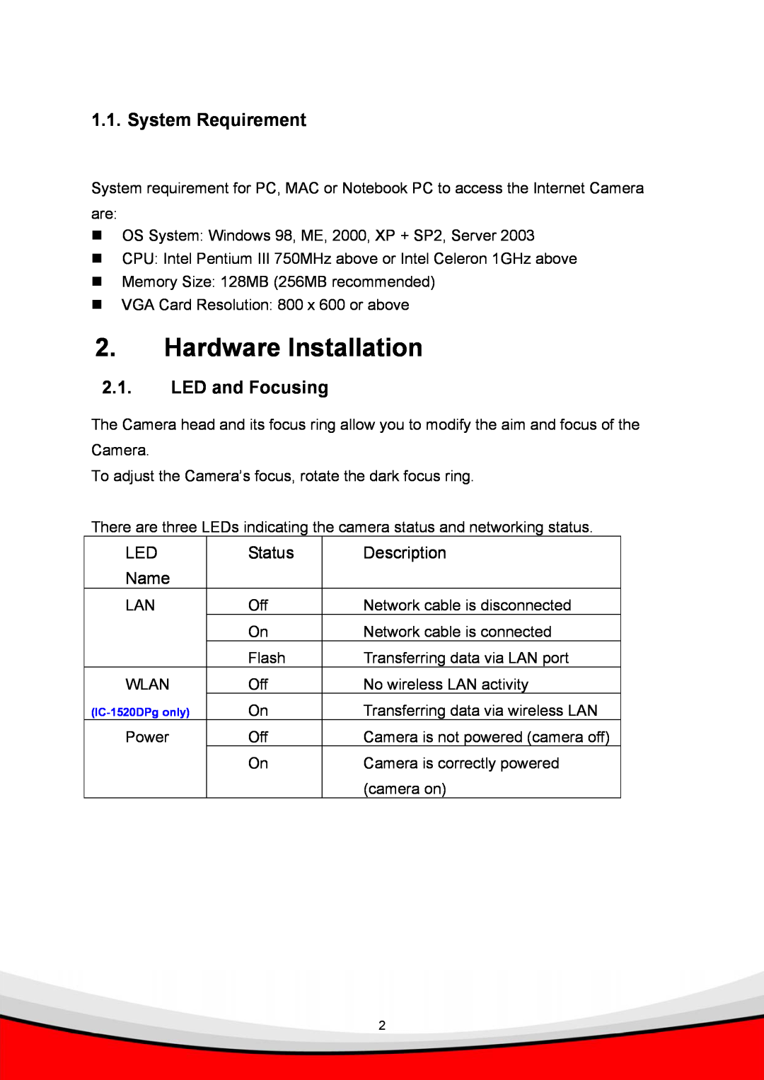 Edimax Technology IC-1520DPG manual Hardware Installation, System Requirement, LED and Focusing, Status, Description, Name 