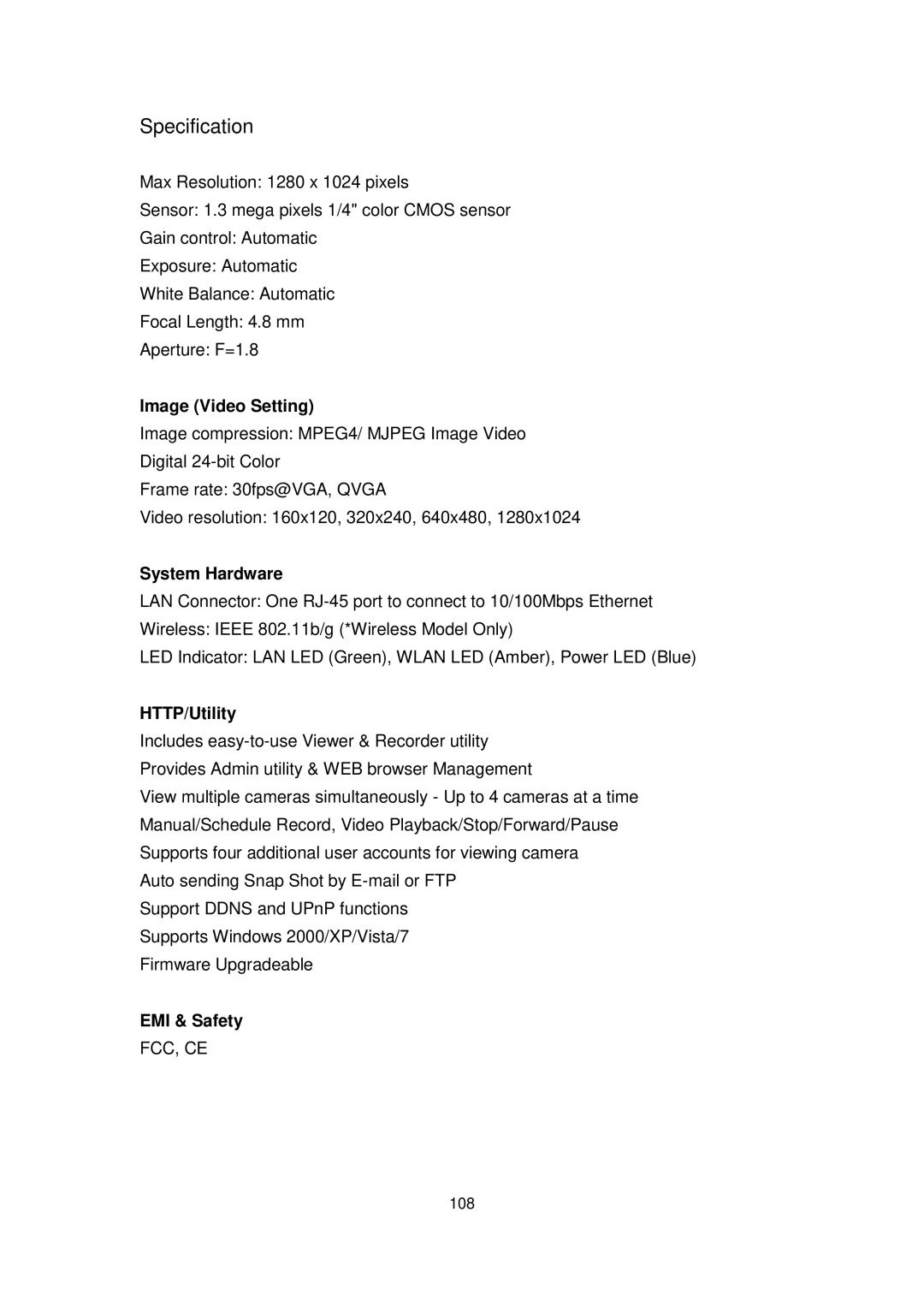 Edimax Technology IC-3010WG manual Specification 