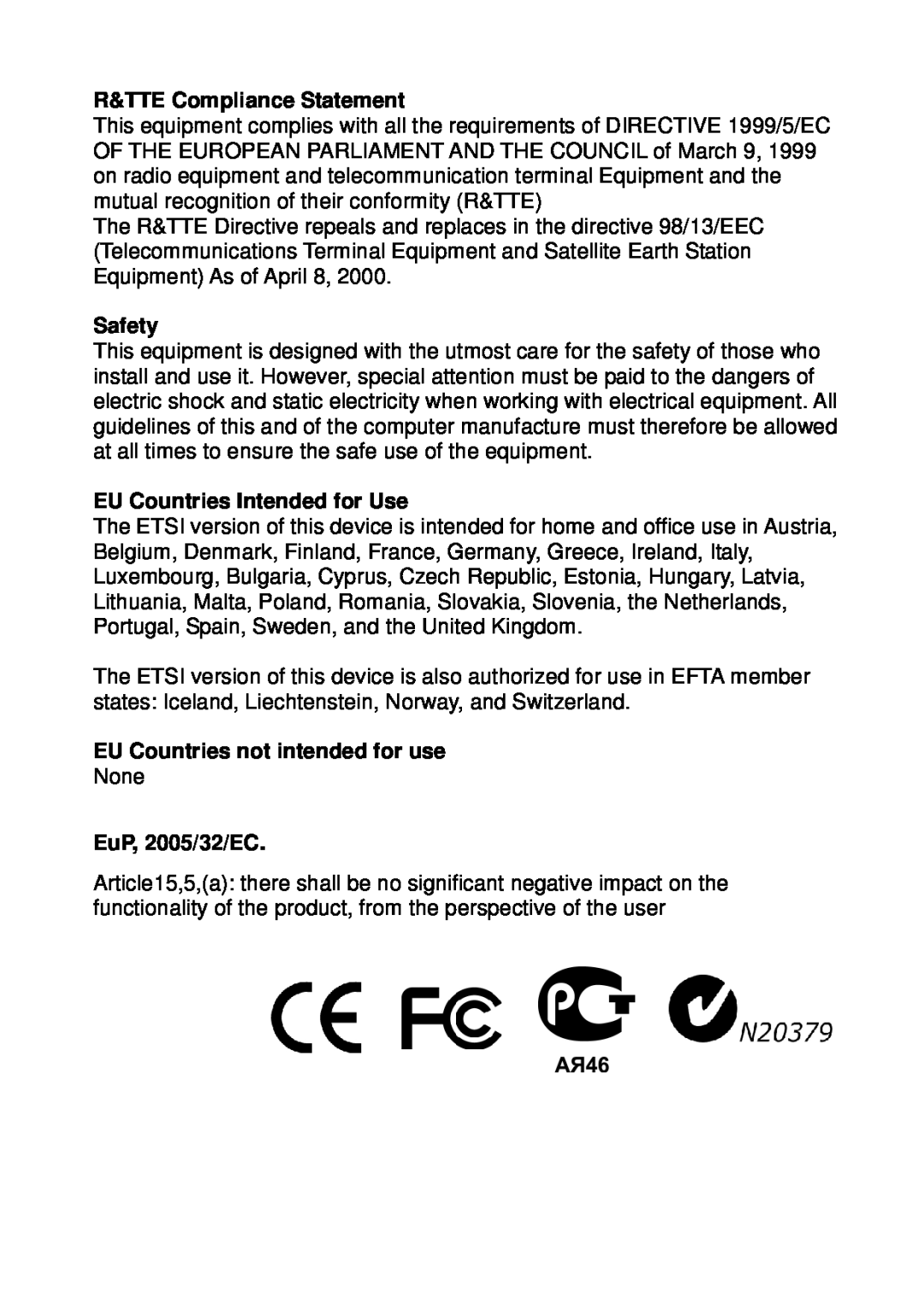 Edimax Technology IC-9000 manual R&TTE Compliance Statement, Safety, EU Countries Intended for Use, EuP, 2005/32/EC 