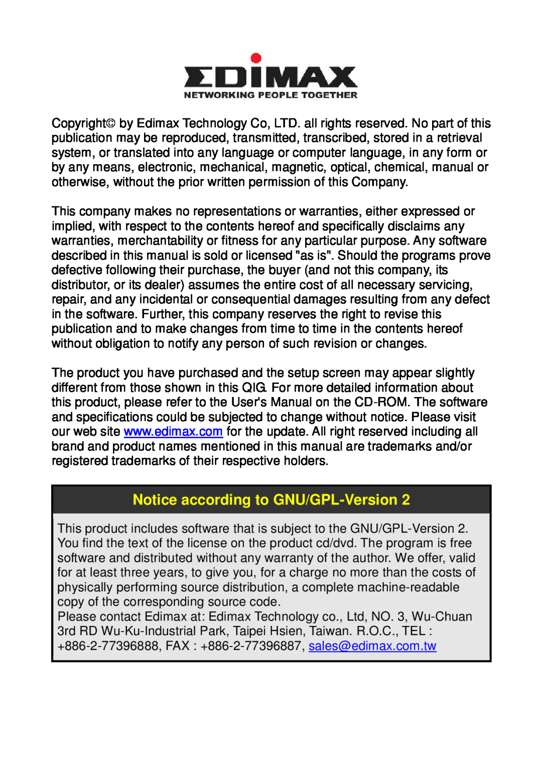 Edimax Technology IC-9000 manual Notice according to GNU/GPL-Version 