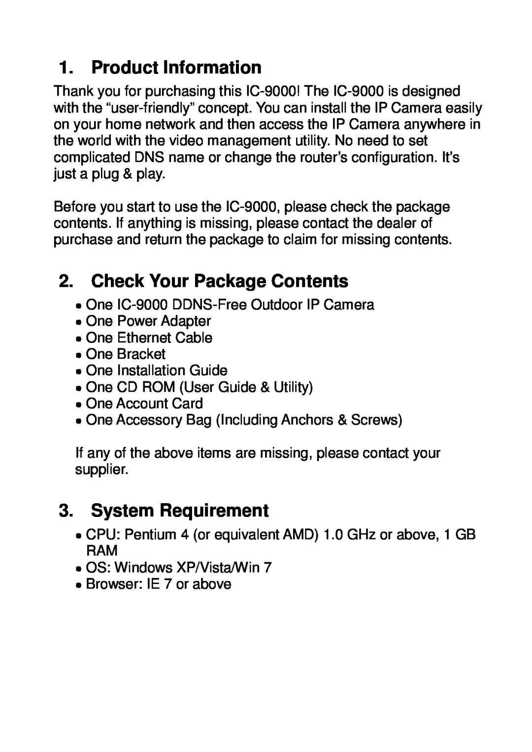 Edimax Technology IC-9000 manual Product Information, Check Your Package Contents, System Requirement 