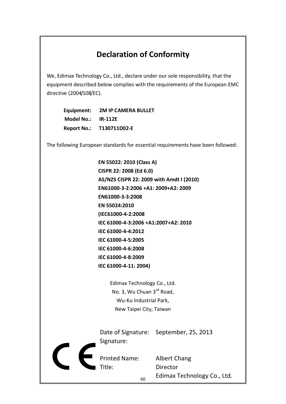 Edimax Technology IR-112E user manual Declaration of Conformity 