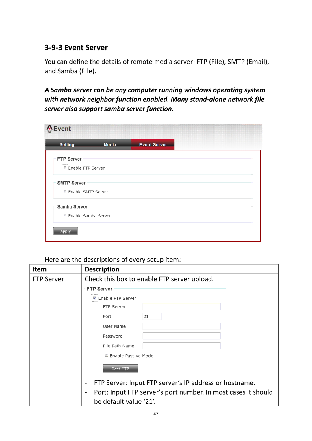 Edimax Technology IR-113E user manual Event Server, FTP Server Check this box to enable FTP server upload 