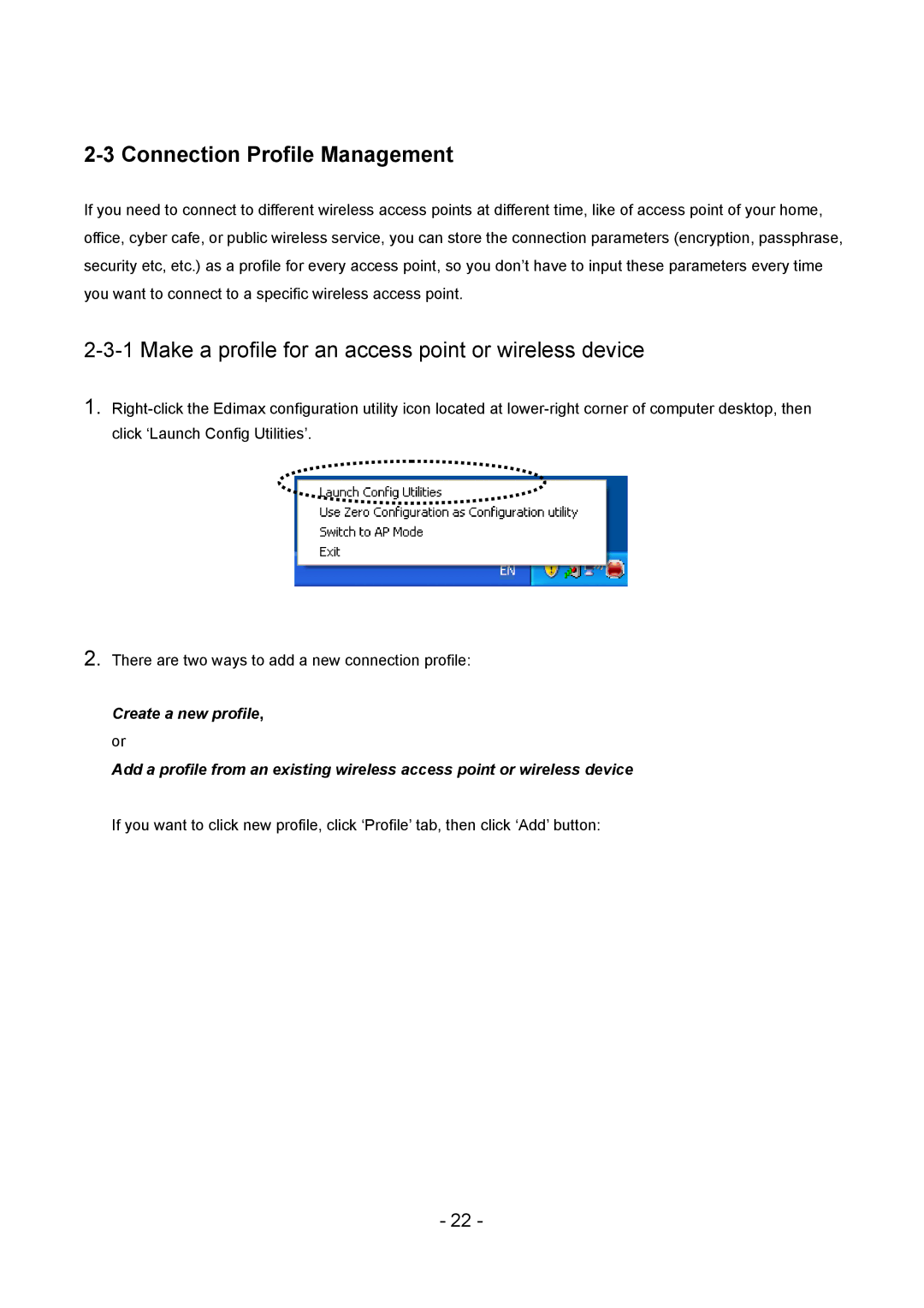 Edimax Technology LAN USB Adapter Connection Profile Management, Make a profile for an access point or wireless device 