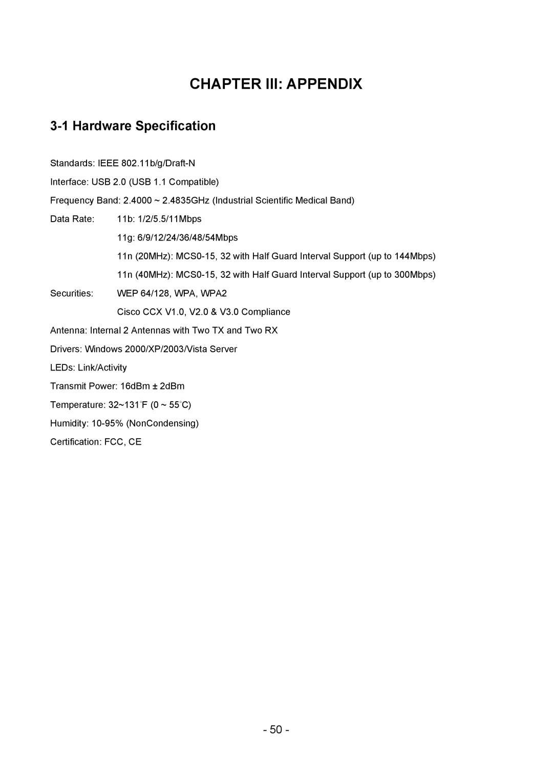 Edimax Technology LAN USB Adapter user manual Chapter III Appendix, Hardware Specification 