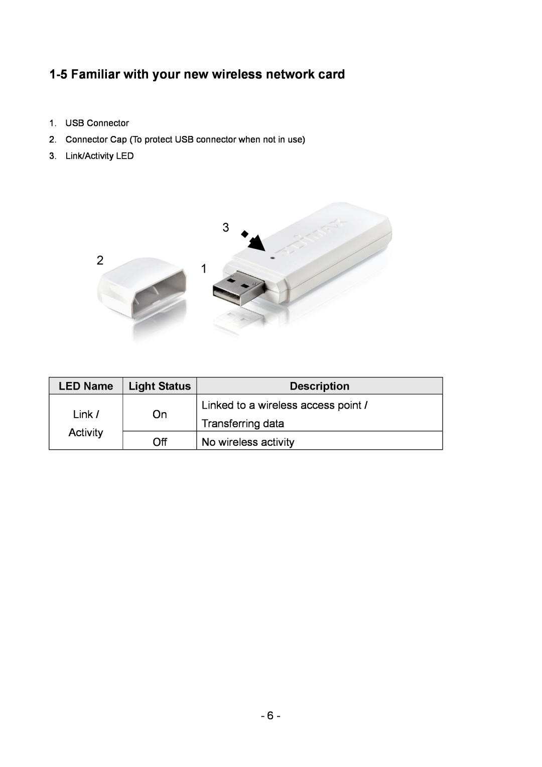 Edimax Technology LAN USB Adapter Familiar with your new wireless network card, LED Name, Light Status, Description 