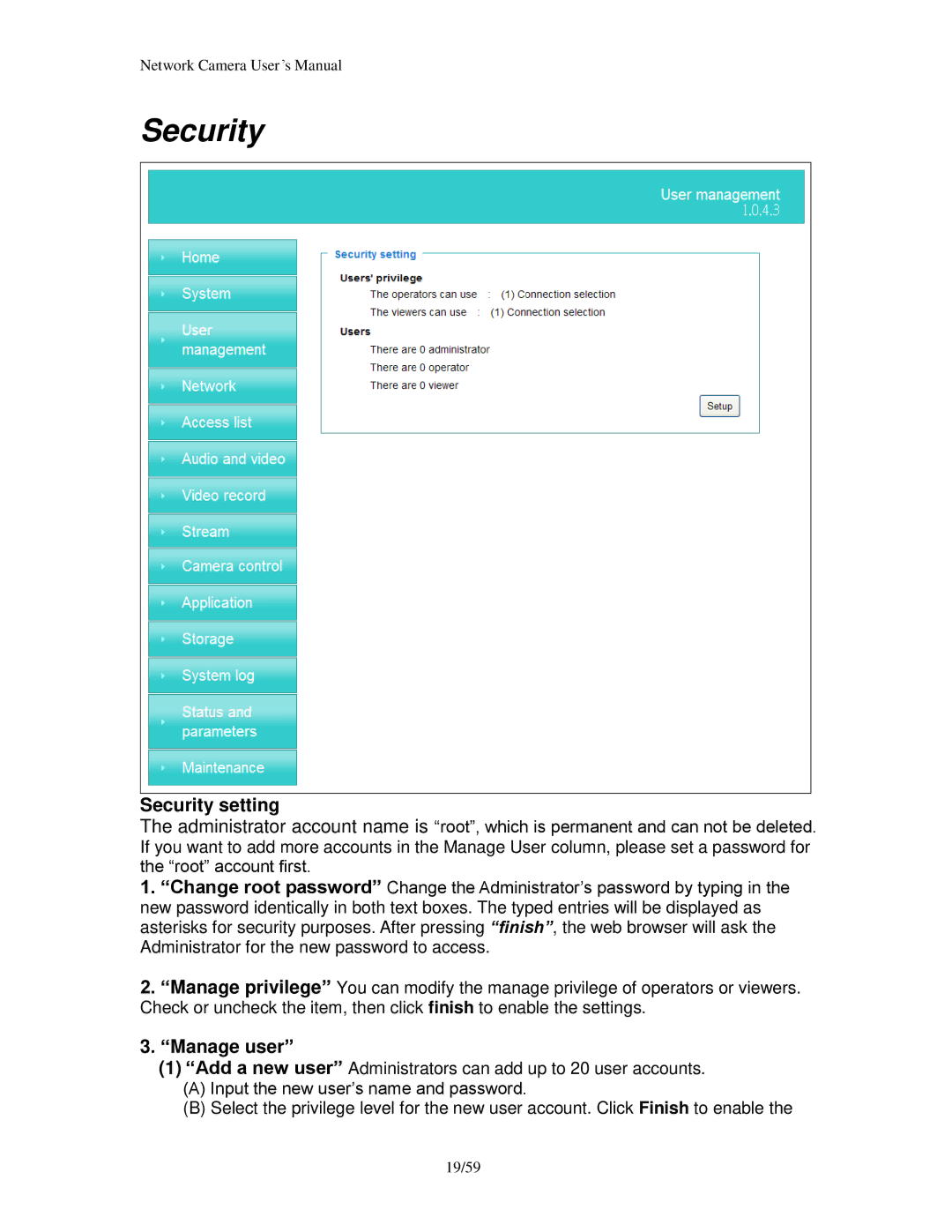 Edimax Technology PT-111E, PT-112E & MD-111E user manual Security setting, Manage user 