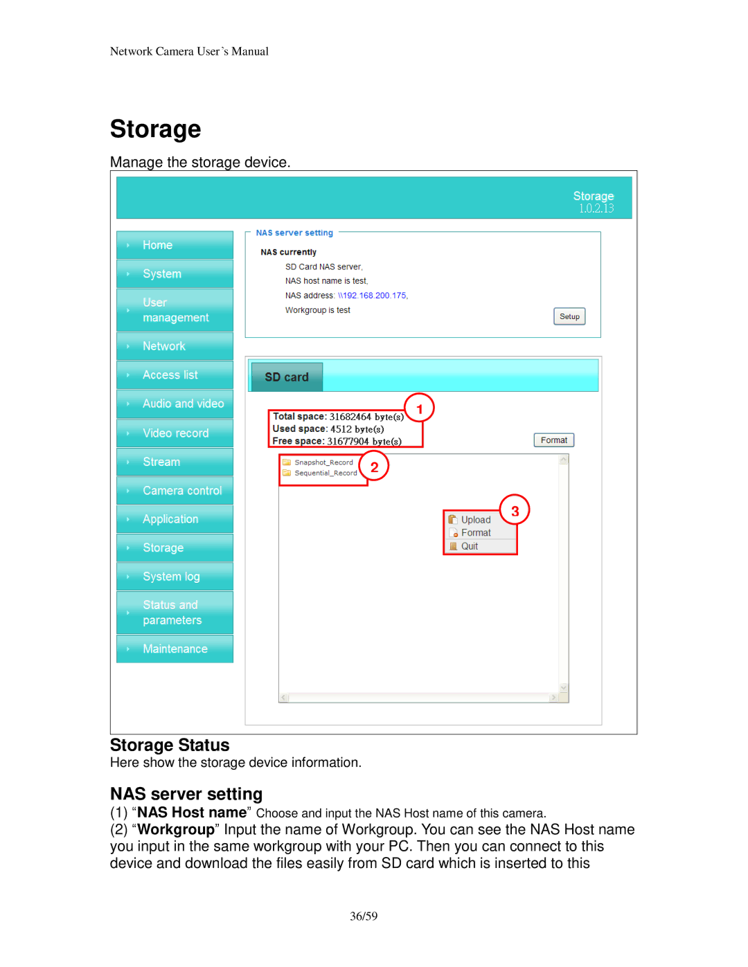 Edimax Technology PT-112E & MD-111E, PT-111E user manual Storage Status, NAS server setting 