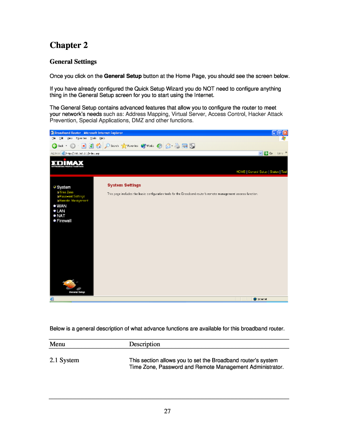 Edimax Technology Multi-Homing Broadband Router manual General Settings, Chapter 