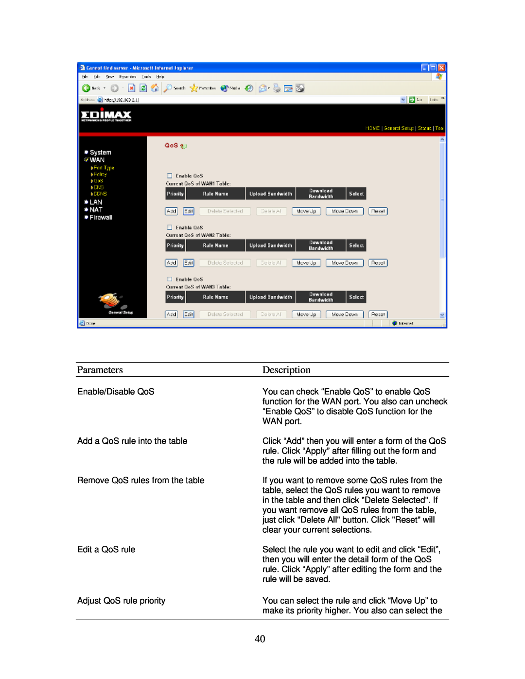 Edimax Technology Multi-Homing Broadband Router manual Enable/Disable QoS Add a QoS rule into the table 