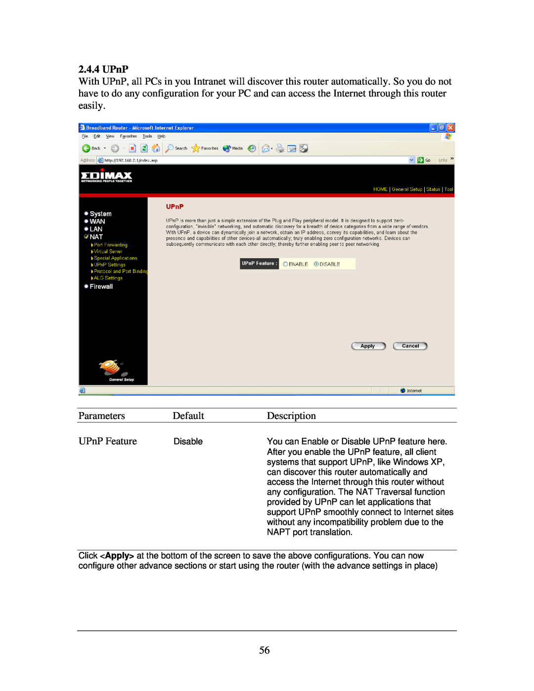 Edimax Technology Multi-Homing Broadband Router manual Parameters, Default, Description, UPnP Feature 