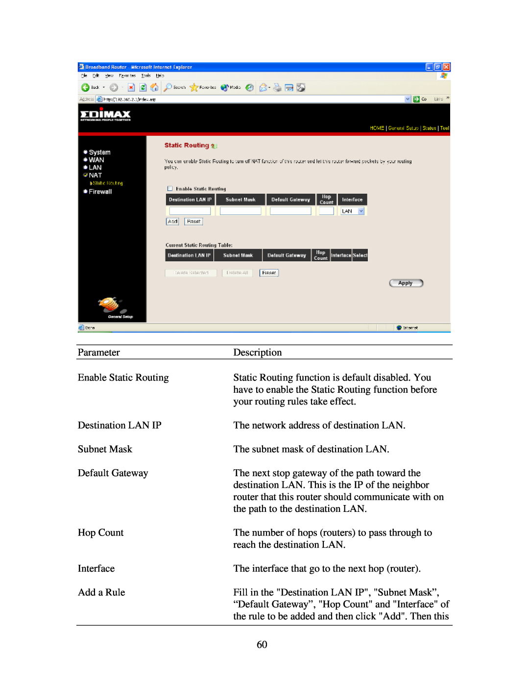 Edimax Technology Multi-Homing Broadband Router manual Parameter, Description, Enable Static Routing, Destination LAN IP 