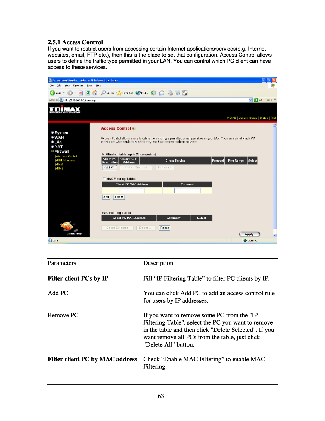 Edimax Technology Multi-Homing Broadband Router manual Filter client PCs by IP, Access Control 