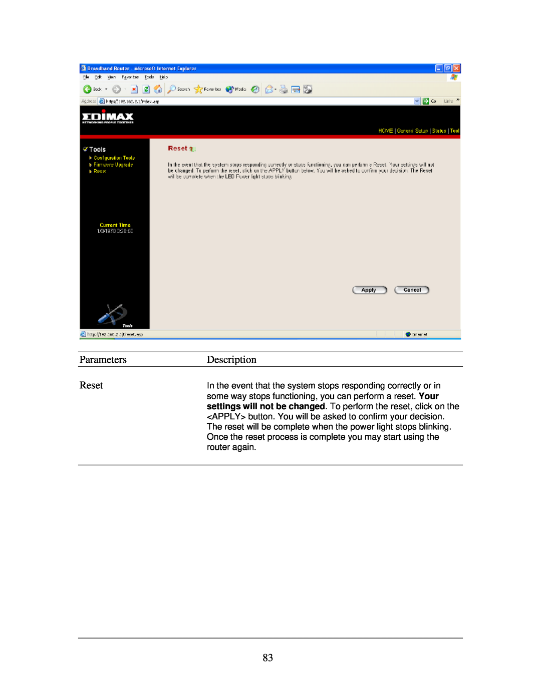 Edimax Technology Multi-Homing Broadband Router manual Parameters, Description, Reset, router again 