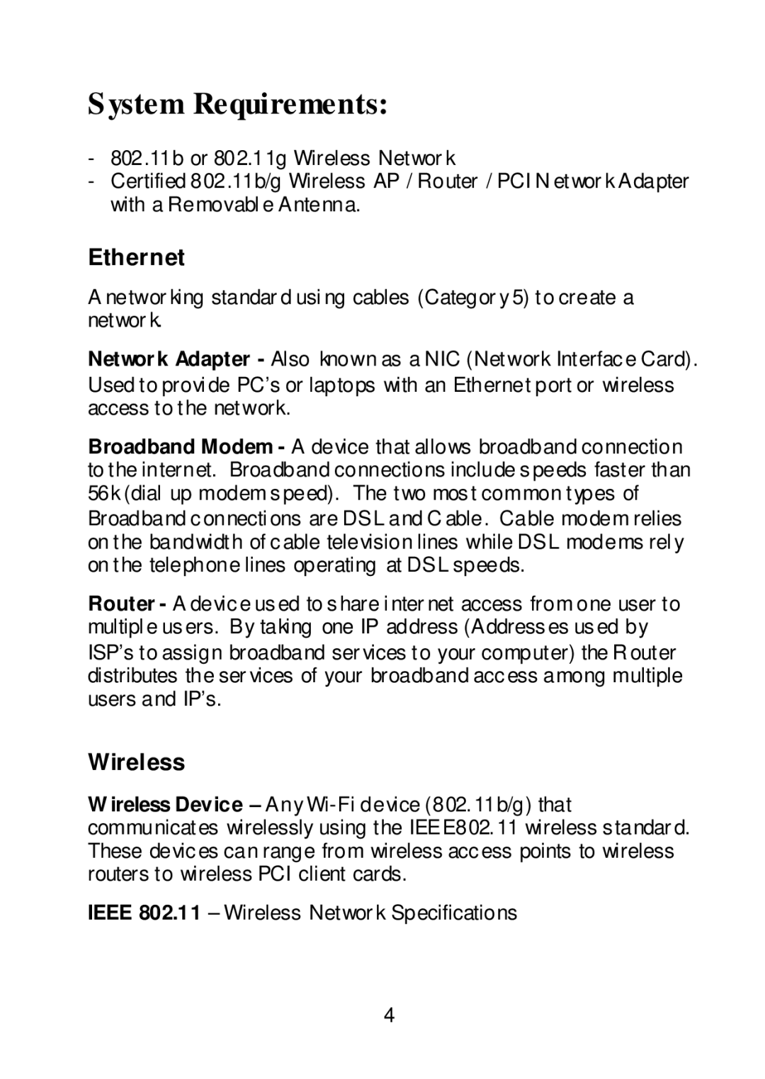 Edimax Technology Network Router user manual System Requirements, Ethernet, Wireless 