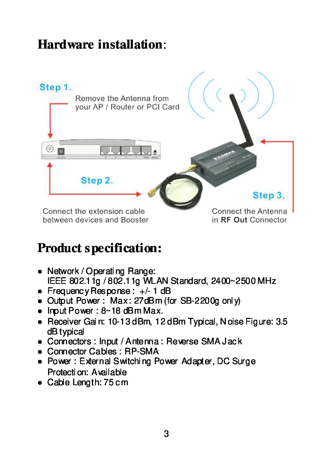 Edimax Technology Network Router user manual Hardware installation Product specification 