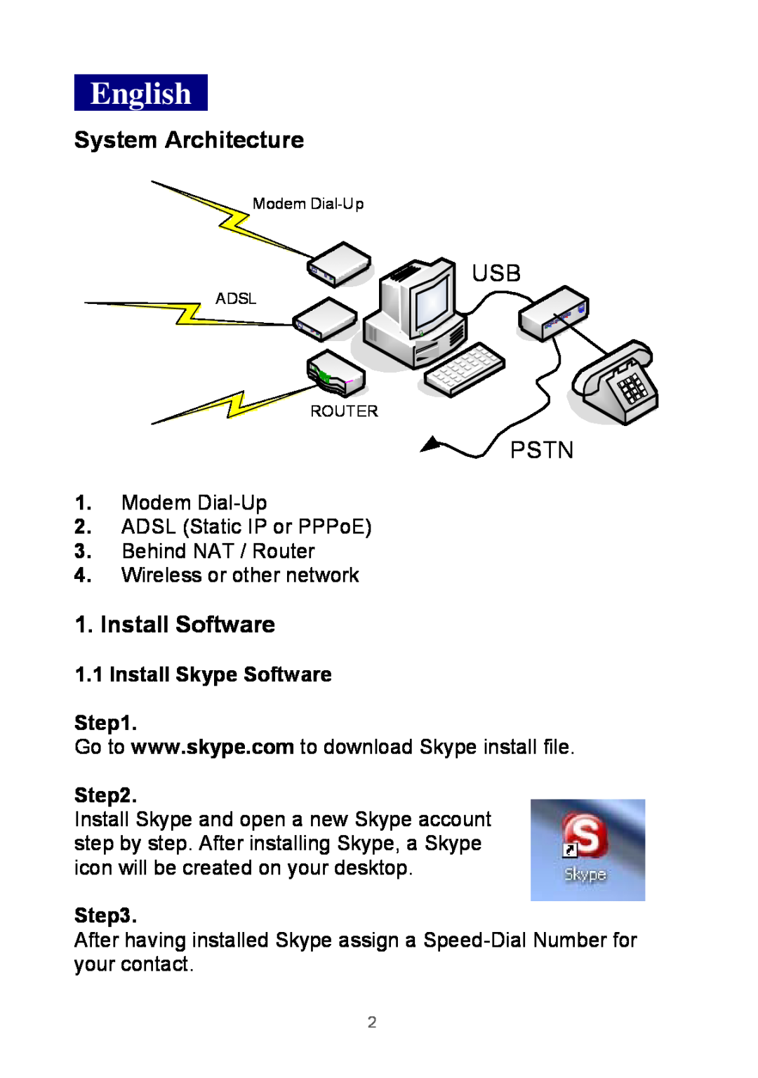 Edimax Technology None manual System Architecture, Install Software, Install Skype Software, English, Pstn 