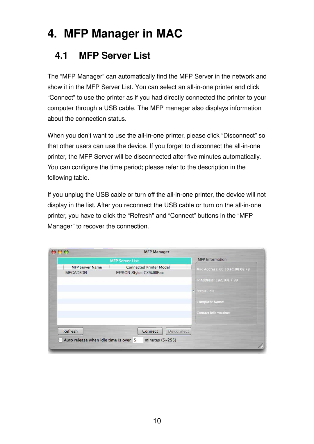 Edimax Technology PS-1206MFG manual MFP Manager in MAC, MFP Server List 