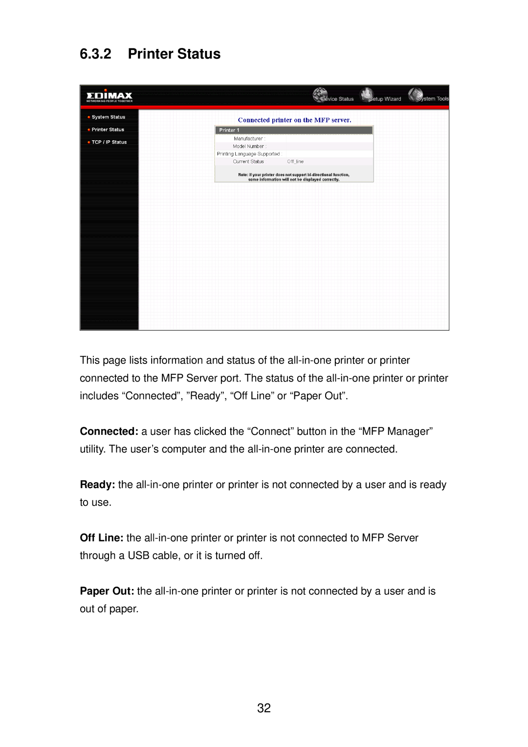 Edimax Technology PS-1206MFG manual Printer Status 