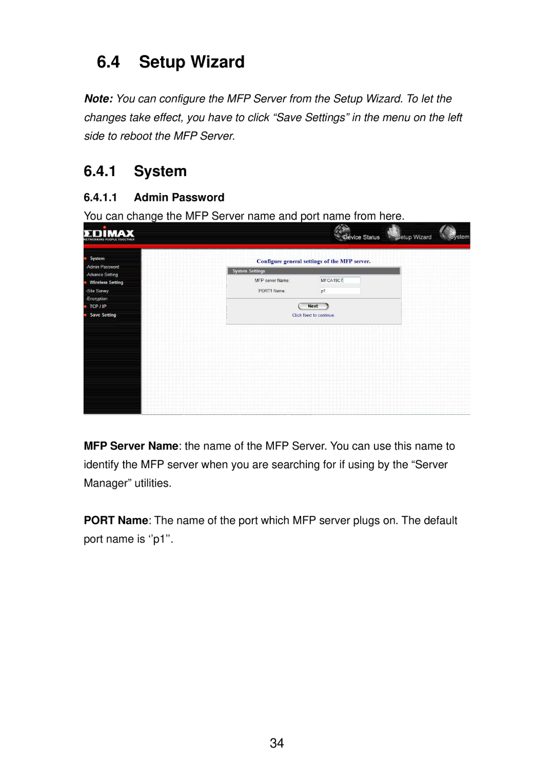 Edimax Technology PS-1206MFG manual Setup Wizard, System, Admin Password 