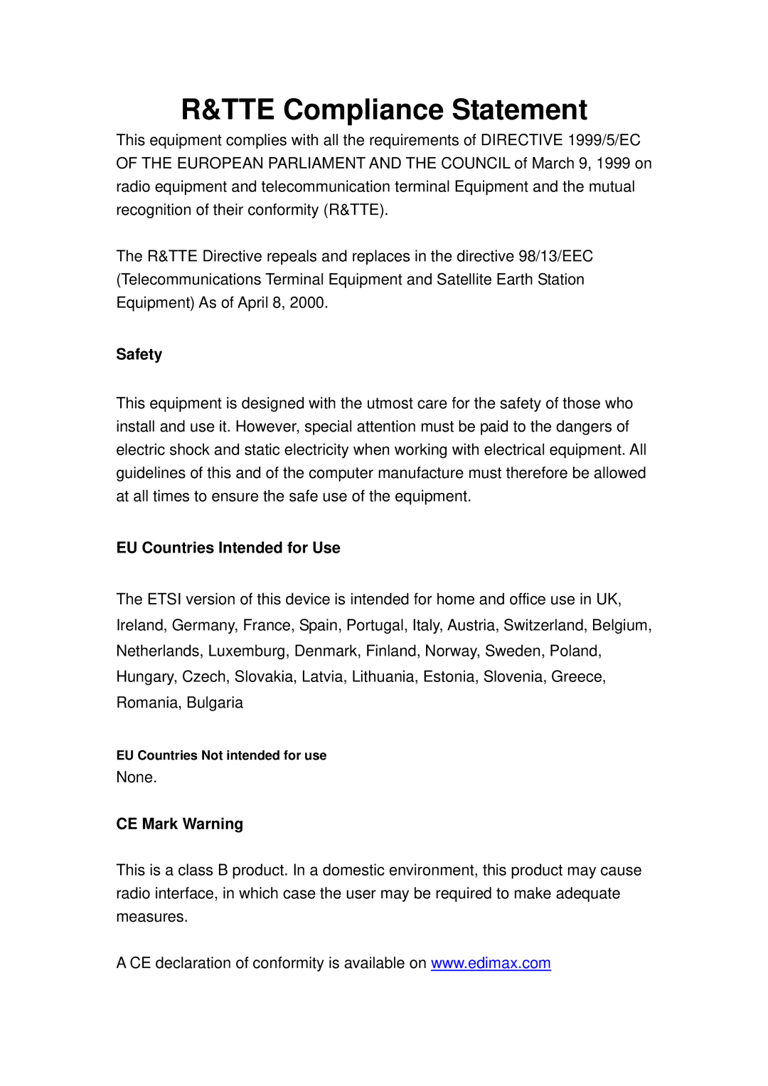 Edimax Technology PS-1206MFG manual TTE Compliance Statement, Safety, EU Countries Intended for Use, CE Mark Warning 