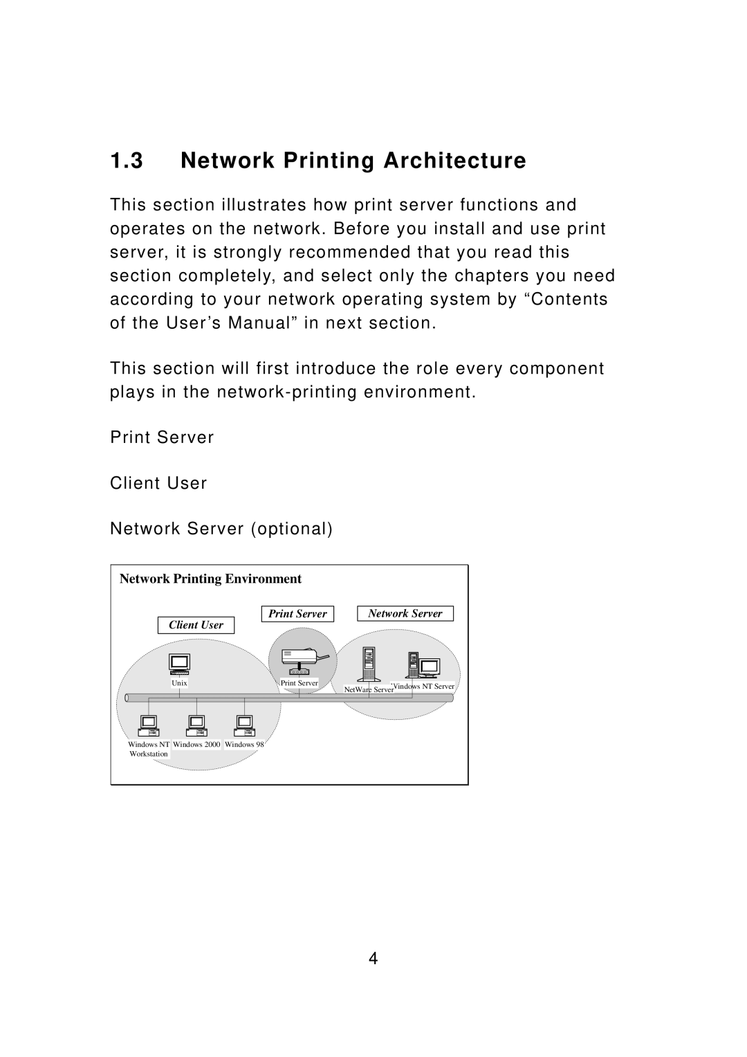 Edimax Technology PS-3103P manual Network Printing Architecture, Network Printing Environment 