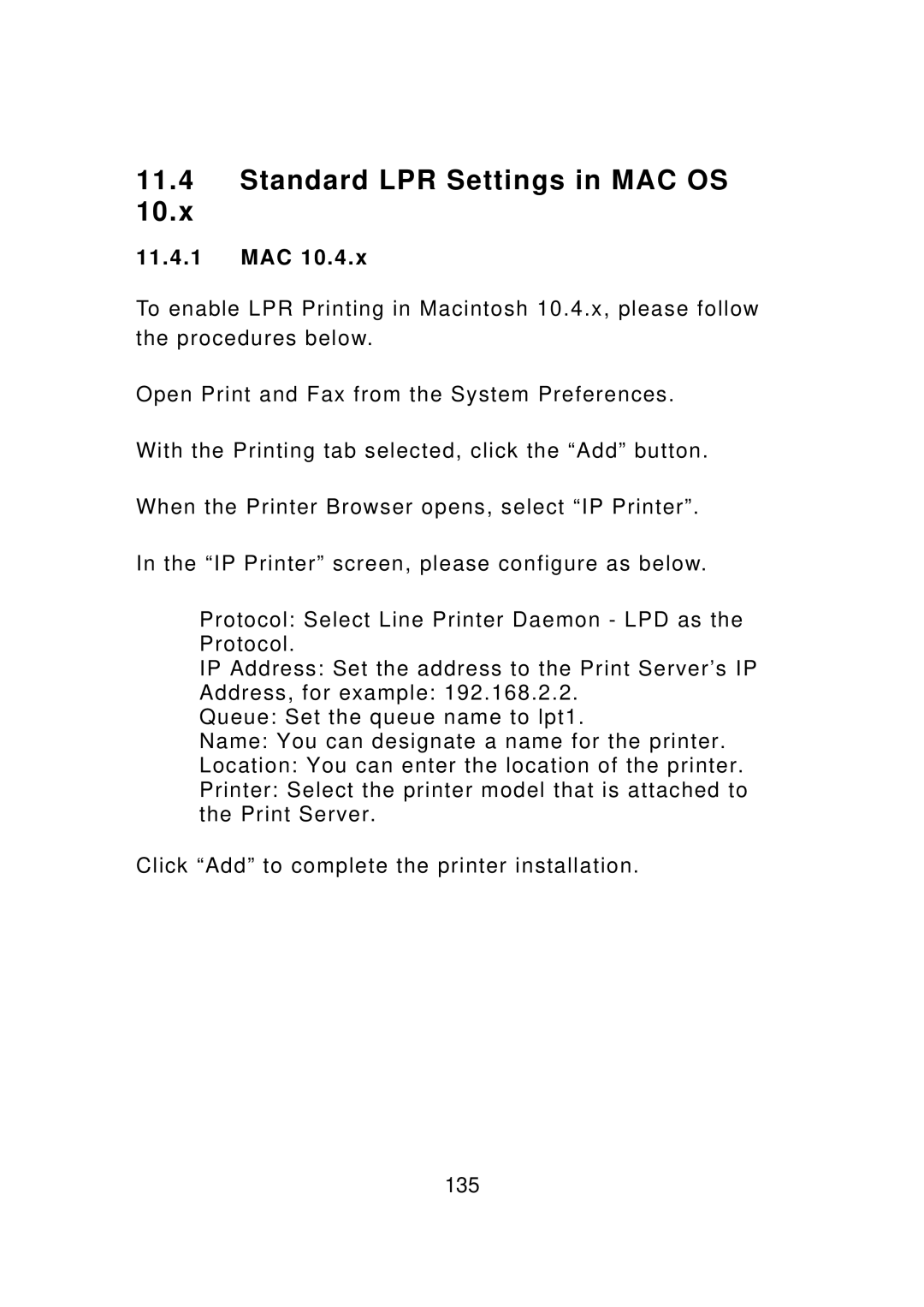 Edimax Technology PS-3103P manual Standard LPR Settings in MAC OS 10.x, 11.4.1 MAC 