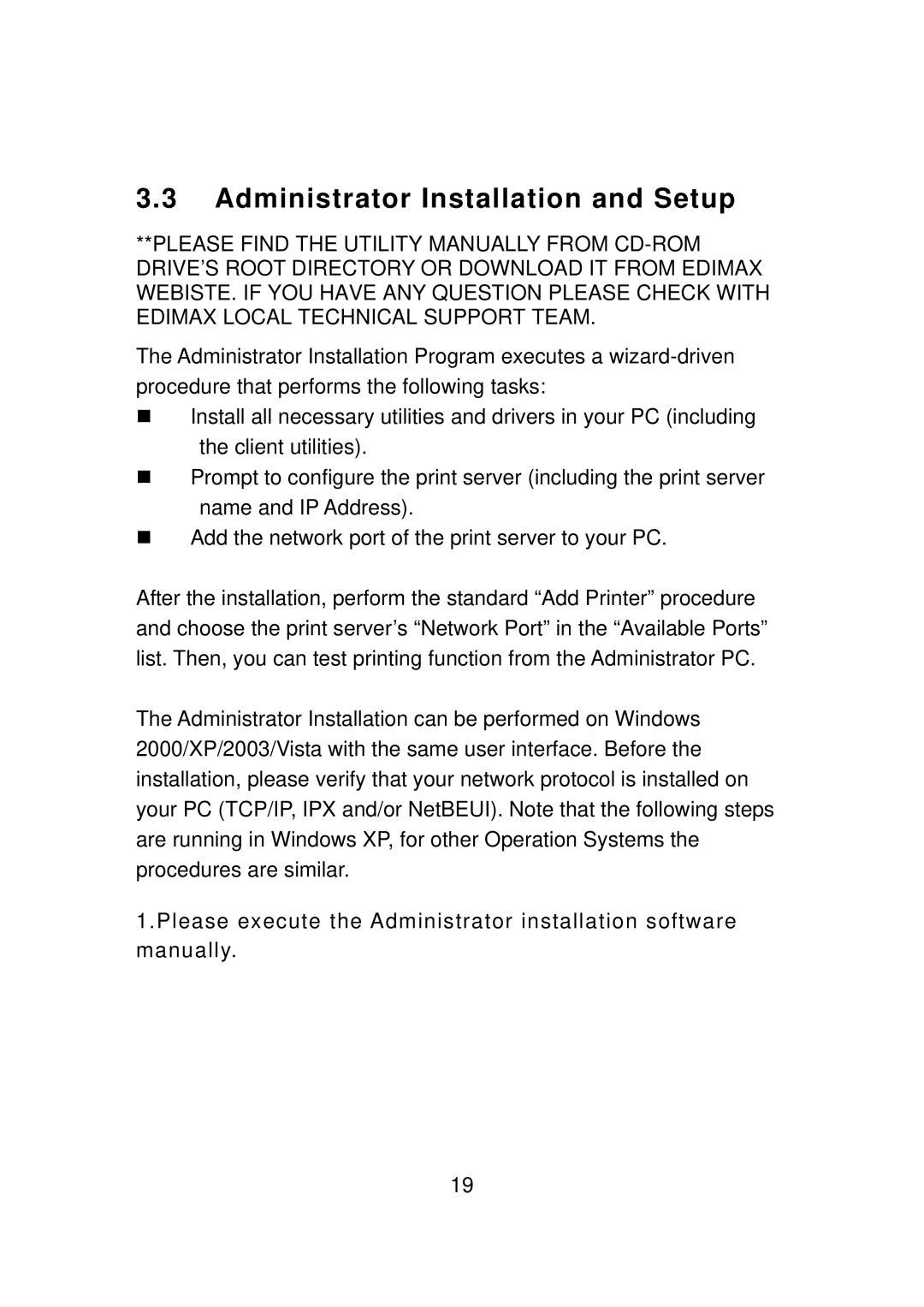 Edimax Technology PS-3103P manual Administrator Installation and Setup 