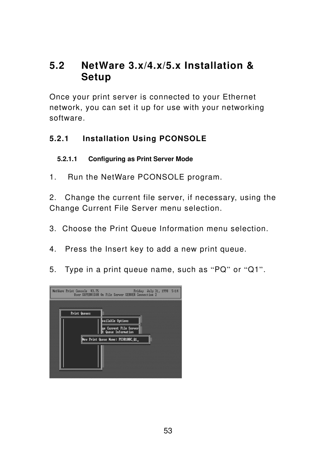 Edimax Technology PS-3103P manual NetWare 3.x/4.x/5.x Installation & Setup, Installation Using Pconsole 