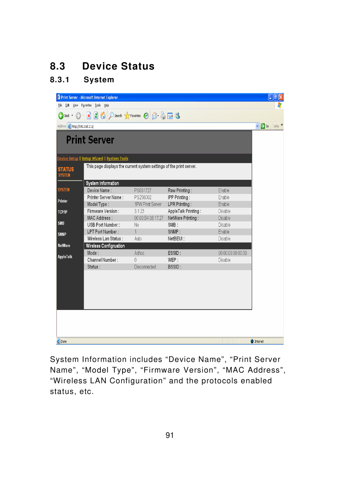 Edimax Technology PS-1206UWg, PS-3207UWg, PS-1207U, PS-1208UWg, PS-1206PWg manual Device Status, System 