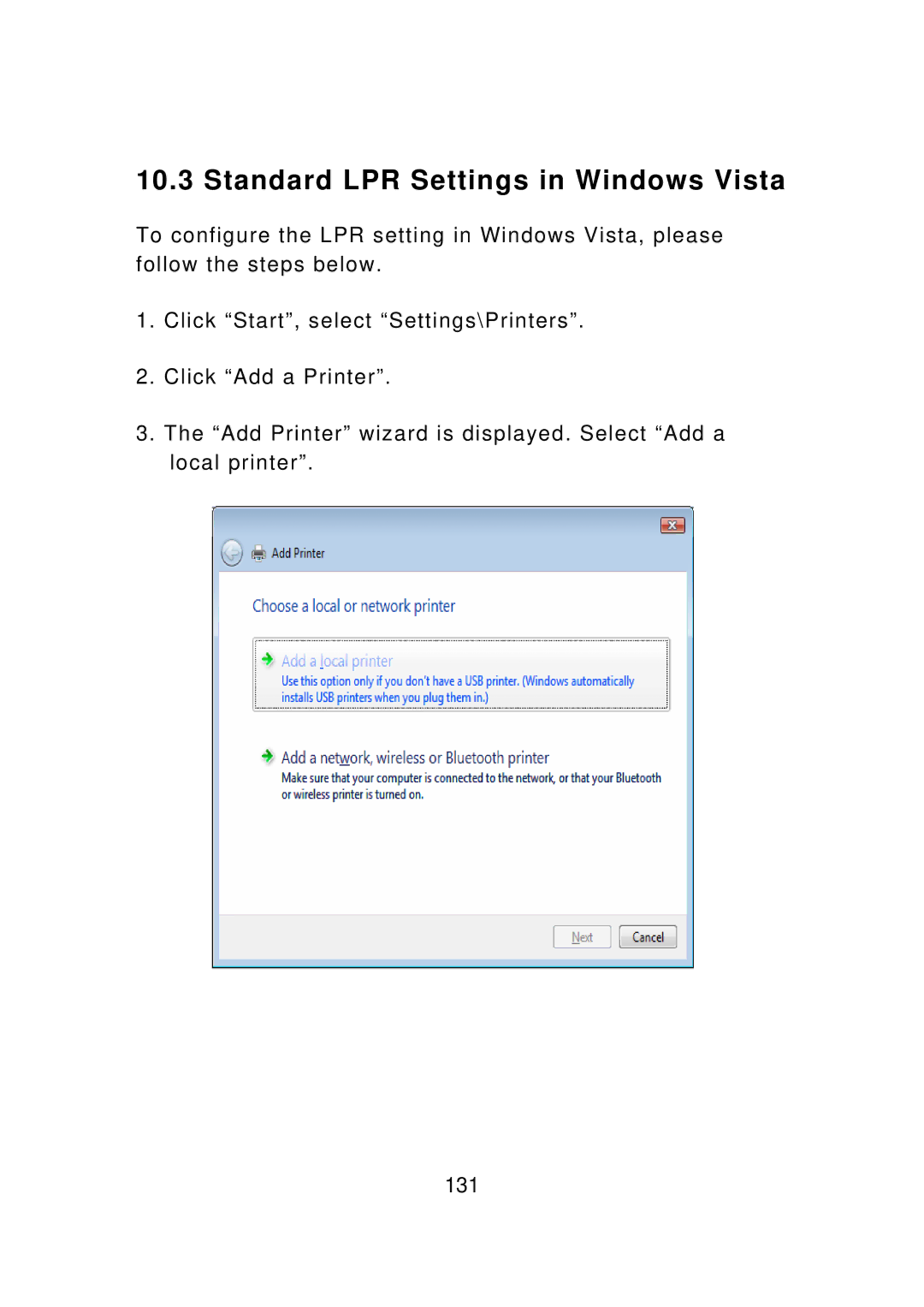 Edimax Technology PS-1206UWg, PS-3207UWg, PS-1207U, PS-1208UWg, PS-1206PWg manual Standard LPR Settings in Windows Vista 