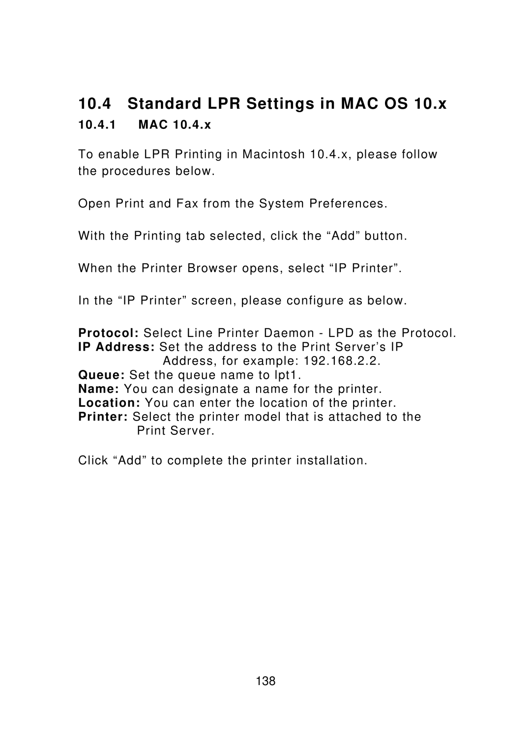 Edimax Technology PS-3207UWg, PS-1207U, PS-1208UWg, PS-1206UWg, PS-1206P manual Standard LPR Settings in MAC OS, 10.4.1 MAC 