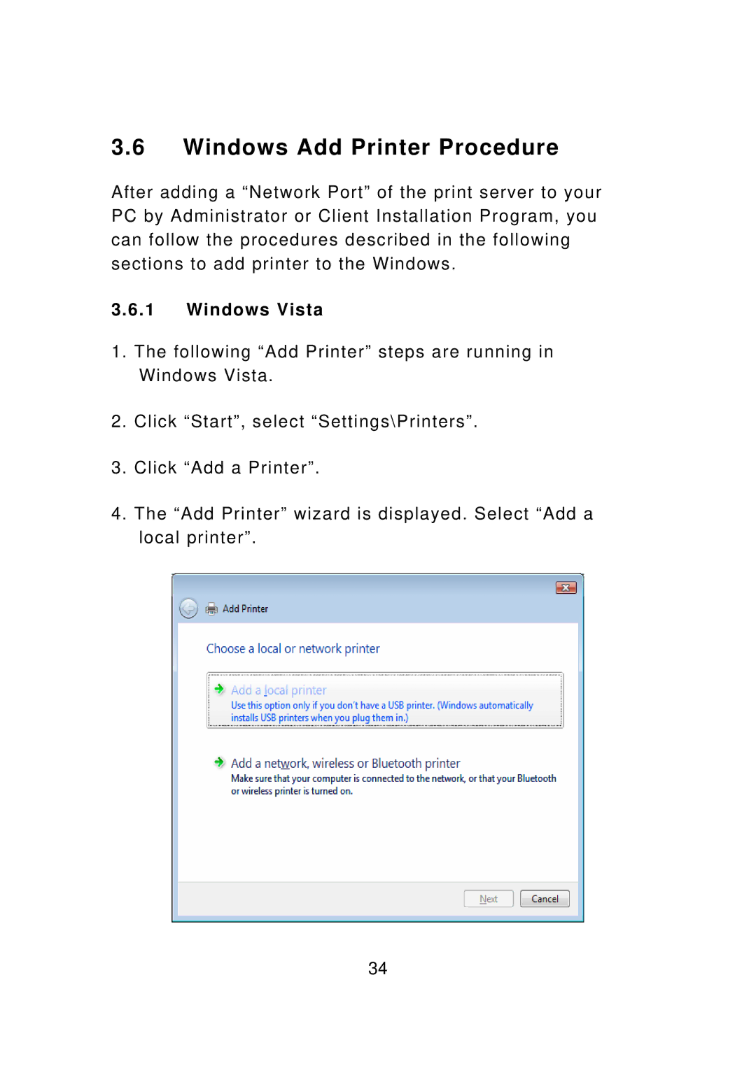 Edimax Technology PS-3207UWg, PS-1207U, PS-1208UWg, PS-1206UWg, PS-1206P manual Windows Add Printer Procedure, Windows Vista 