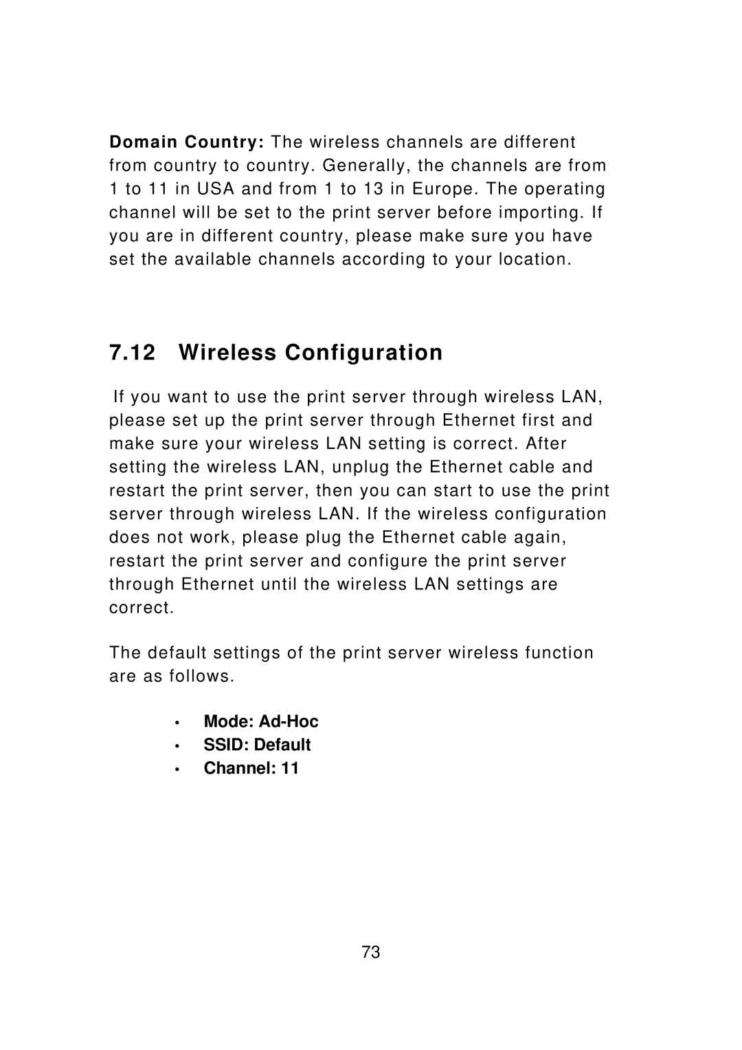 Edimax Technology PS-1208UWg, PS-3207UWg, PS-1207U, PS-1206U manual Wireless Configuration, Mode Ad-Hoc Ssid Default Channel 