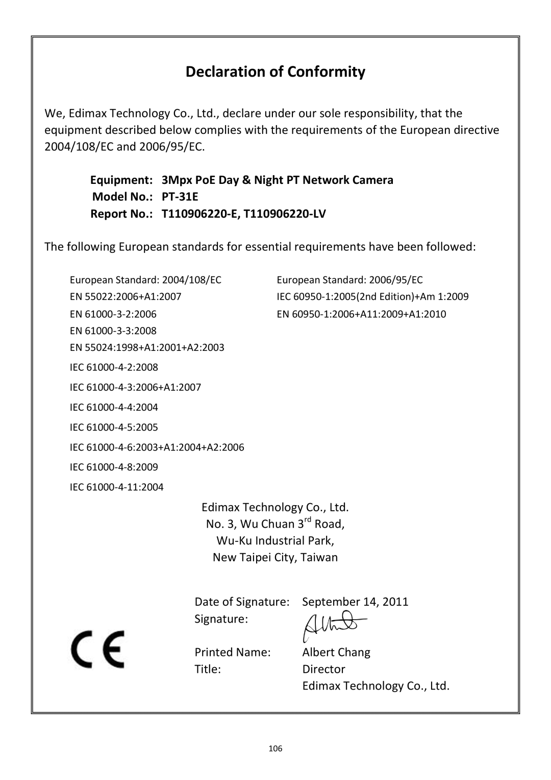 Edimax Technology PT-31W user manual Declaration of Conformity 