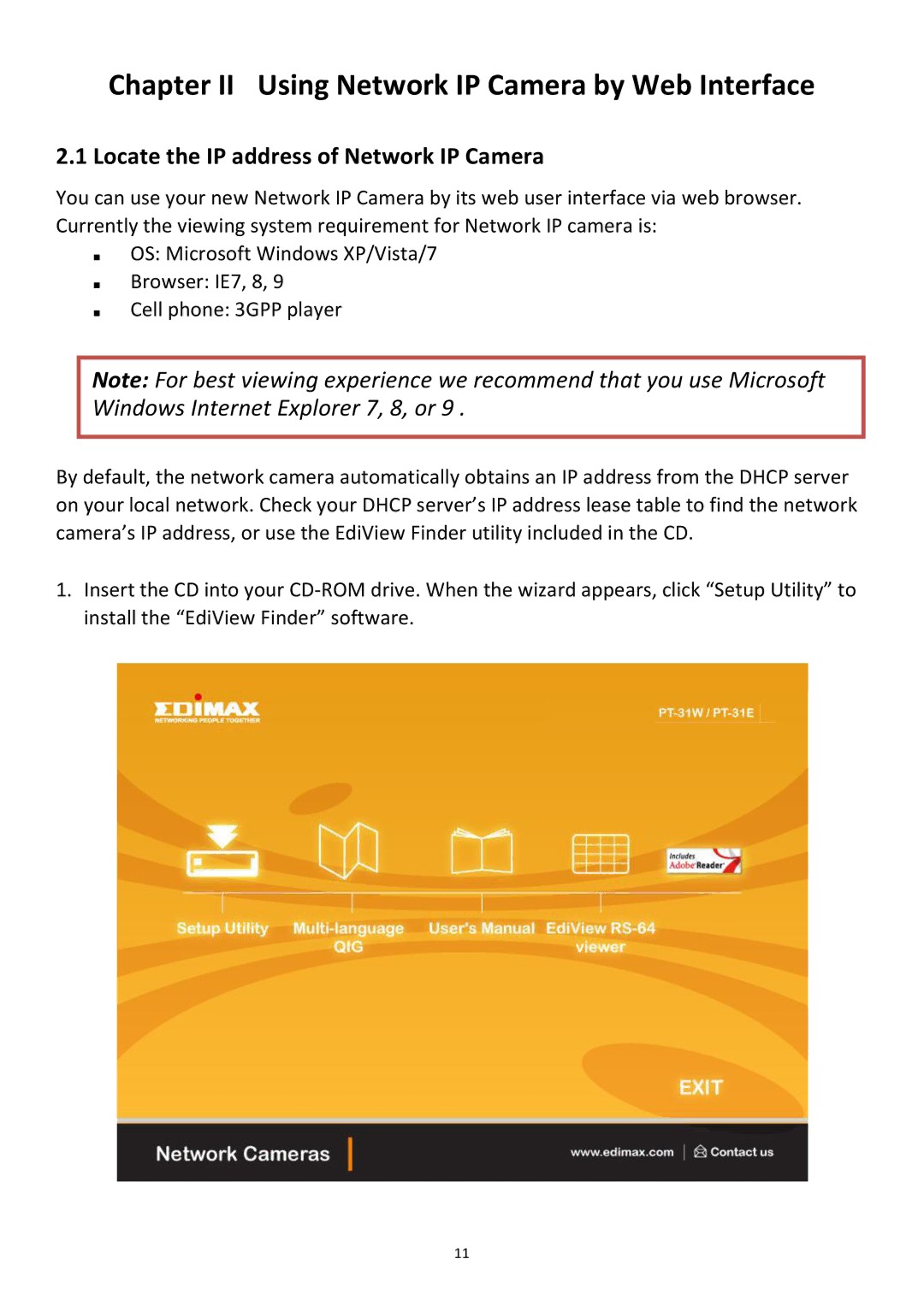 Edimax Technology PT-31W Chapter II Using Network IP Camera by Web Interface, Locate the IP address of Network IP Camera 